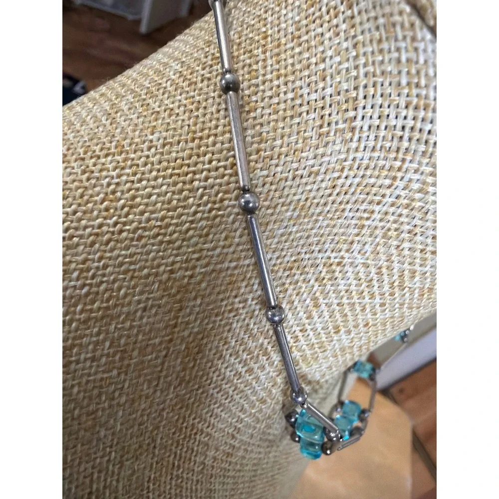 Turquoise Blue Square Glass Bead Liquid Silver‎ Bar Chain Necklace Boho Layering